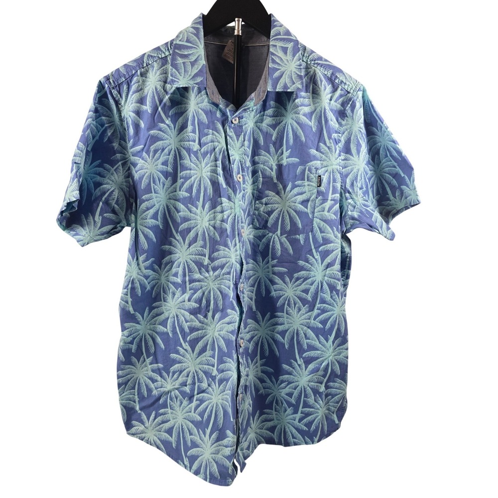 Hurley Mens Palm Tree Tropical‎ Print Short Sleeve Button Up Shirt Blue Large